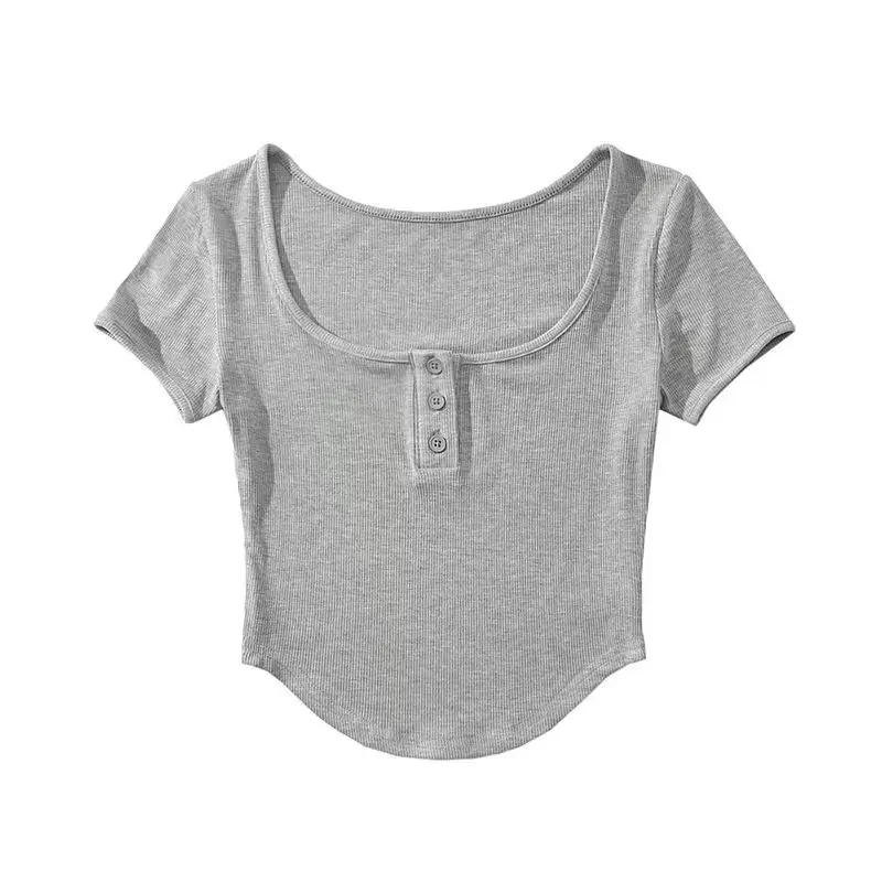 Gray Cotton Button Front T-Shirt for Women - Image 4