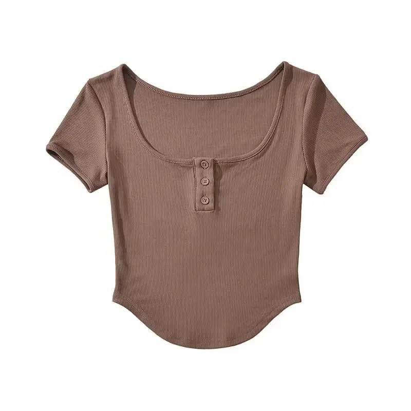 Gray Cotton Button Front T-Shirt for Women - Image 3