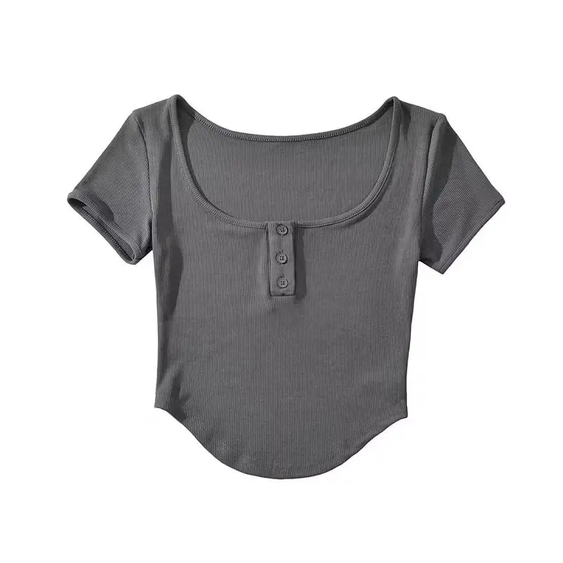 Gray Cotton Button Front T-Shirt for Women - Image 2