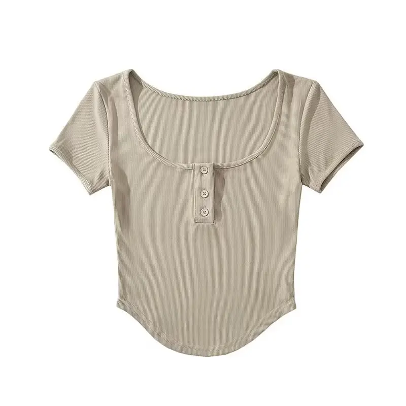 Gray Cotton Button Front T-Shirt for Women - Image 6