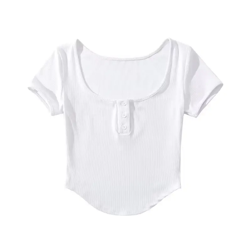 Gray Cotton Button Front T-Shirt for Women - Image 5