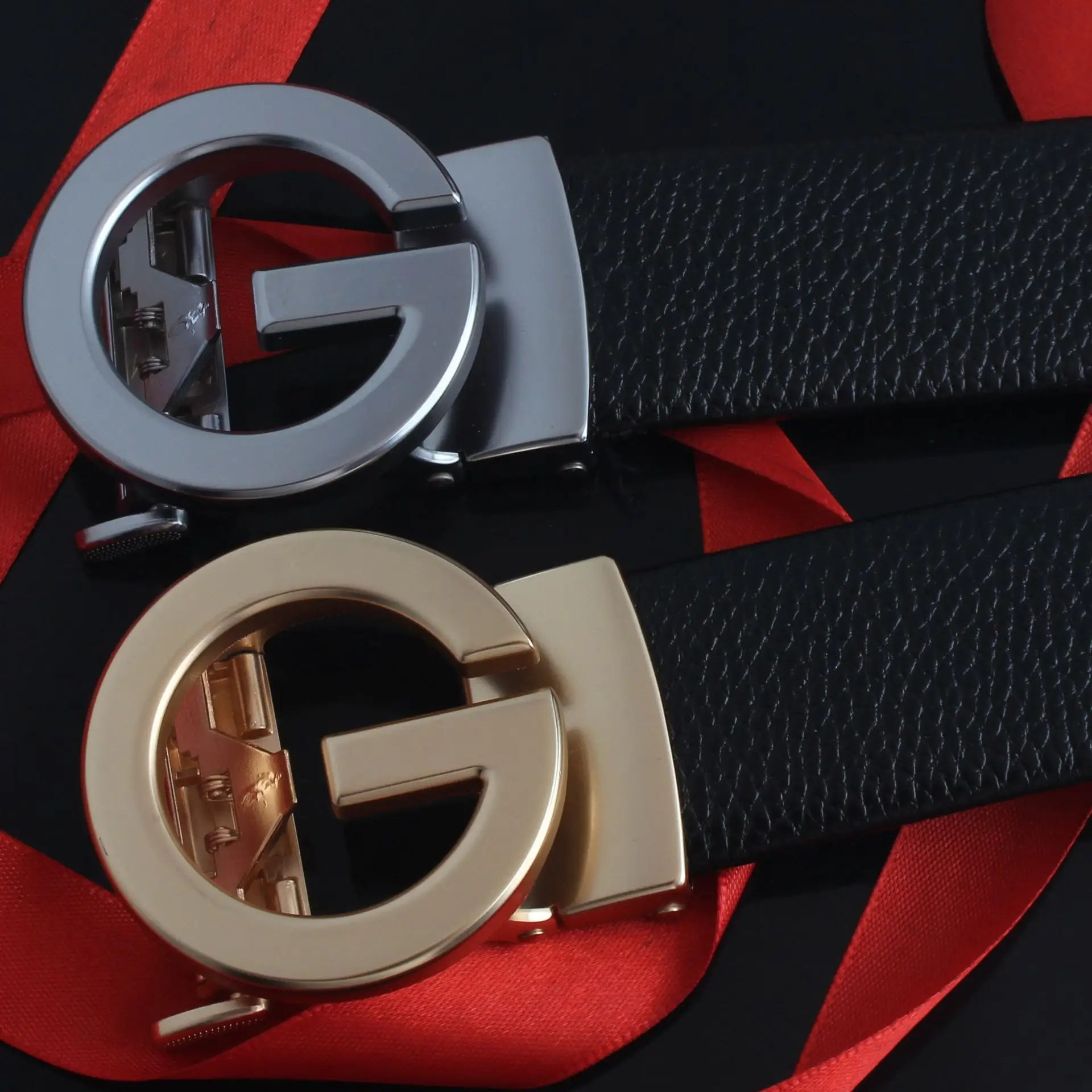 Hongsheng Men's Black Belt with Gold & Silver Buckles - Image 13