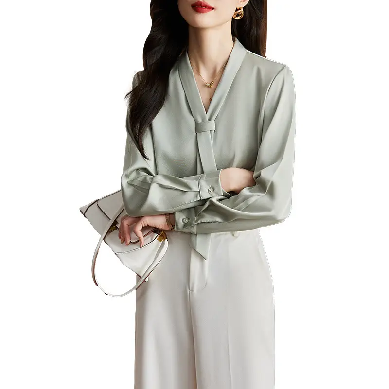 Women's Green Shirt + Black Pants Set V-Neck Business Wear - Image 8