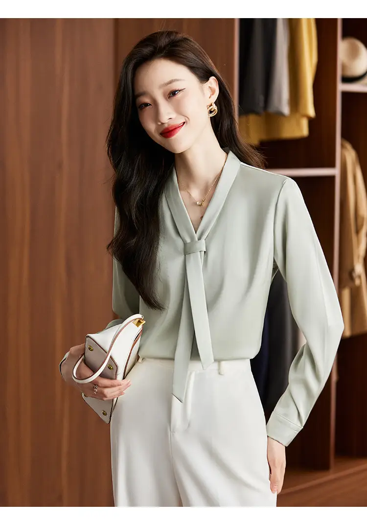 Women's Green Shirt + Black Pants Set V-Neck Business Wear — feature 10