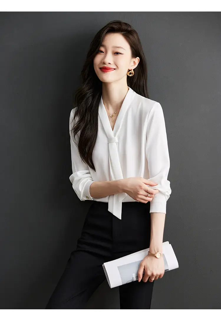 Women's Green Shirt + Black Pants Set V-Neck Business Wear — feature 12