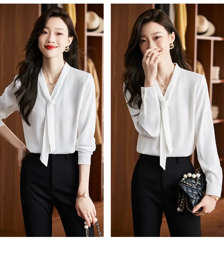 Women's Green Shirt + Black Pants Set V-Neck Business Wear — feature 13