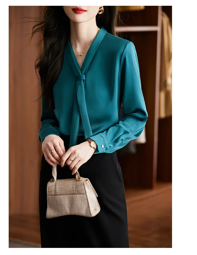 Women's Green Shirt + Black Pants Set V-Neck Business Wear — feature 14