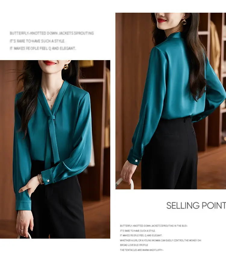 Women's Green Shirt + Black Pants Set V-Neck Business Wear — feature 2