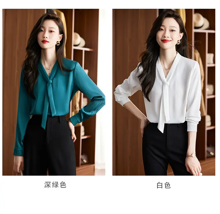 Women's Green Shirt + Black Pants Set V-Neck Business Wear — feature 7