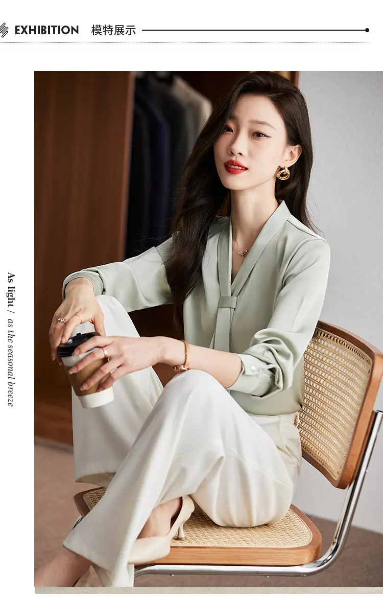Women's Green Shirt + Black Pants Set V-Neck Business Wear — feature 8