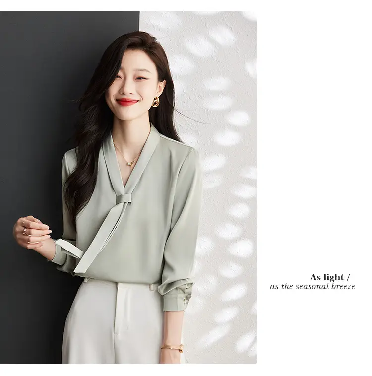Women's Green Shirt + Black Pants Set V-Neck Business Wear — feature 9