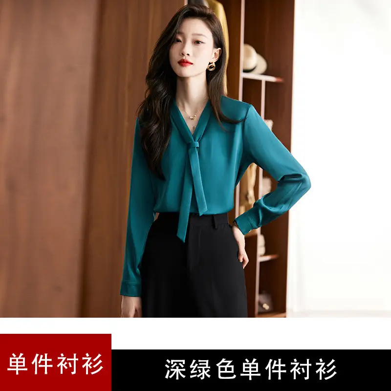 Women's Green Shirt + Black Pants Set V-Neck Business Wear - Image 3