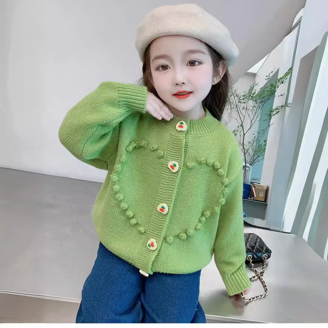 Girls Green Cardigan Coat with Button Front Cotton - Image 3
