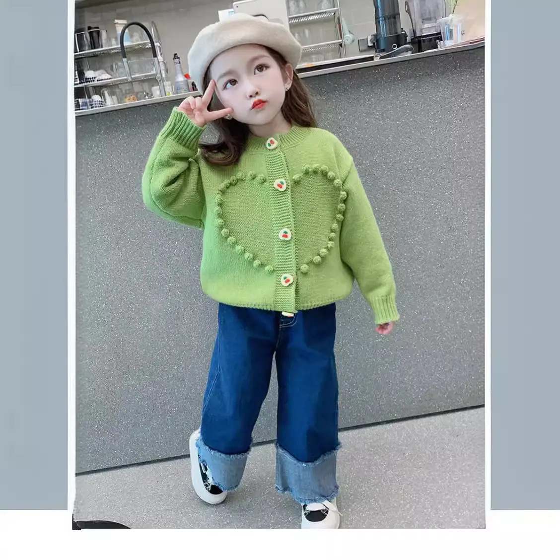 Girls Green Cardigan Coat with Button Front Cotton - Image 4