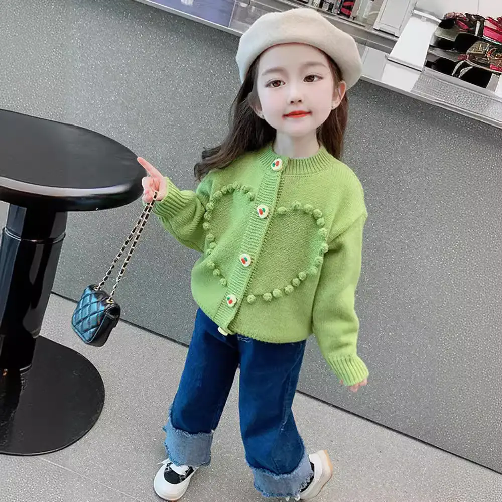 Girls Green Cardigan Coat with Button Front Cotton - Image 6