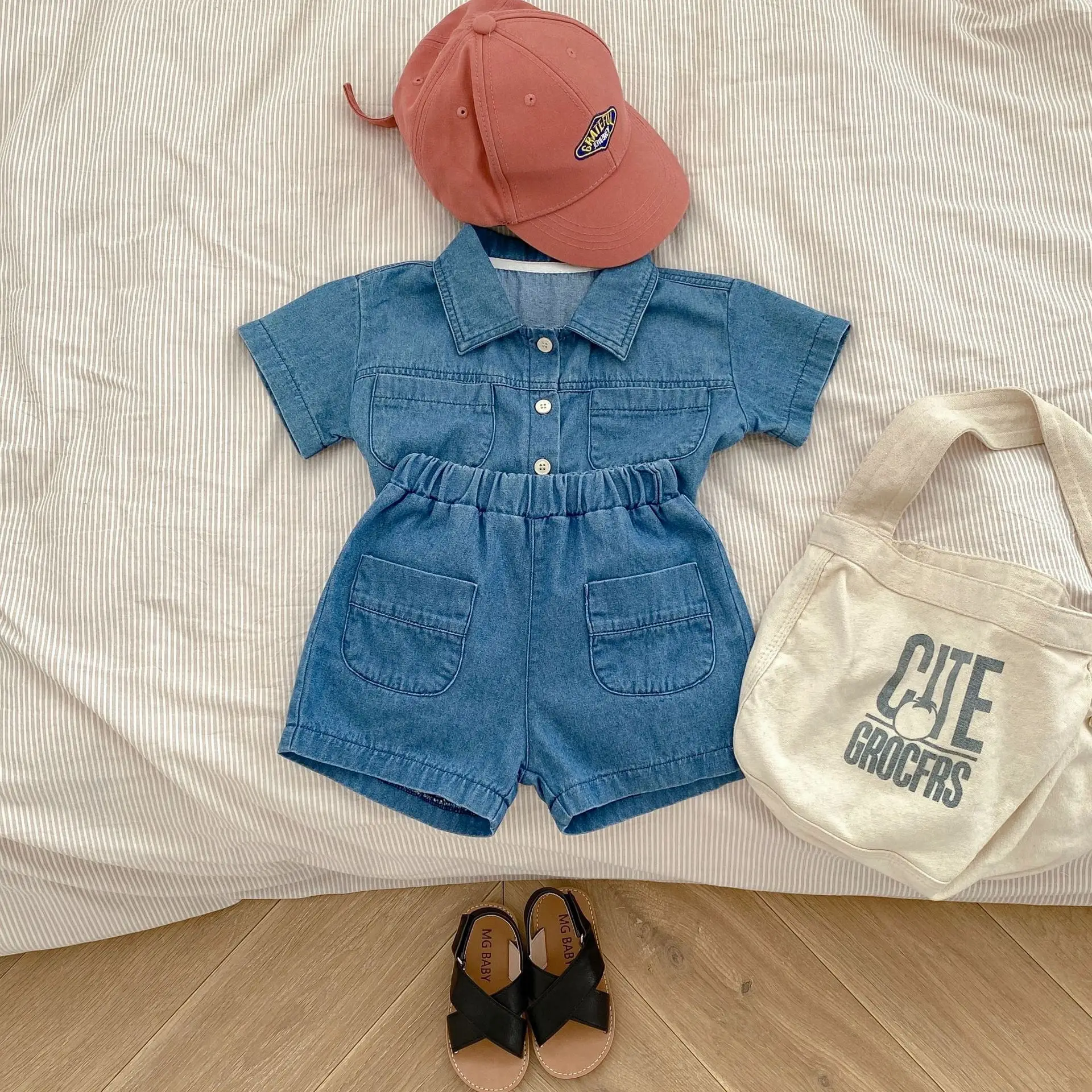 2025 Summer Baby Denim Flap Pants Suit Blue - Image 3