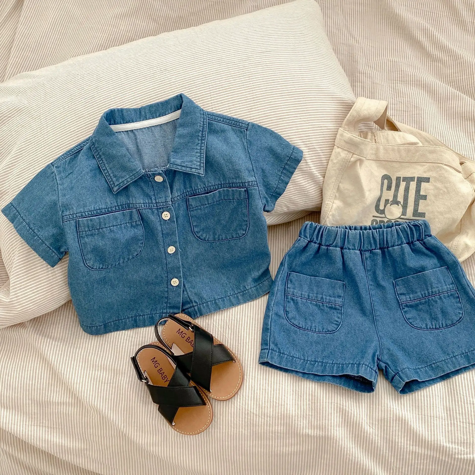 2025 Summer Baby Denim Flap Pants Suit Blue - Image 4