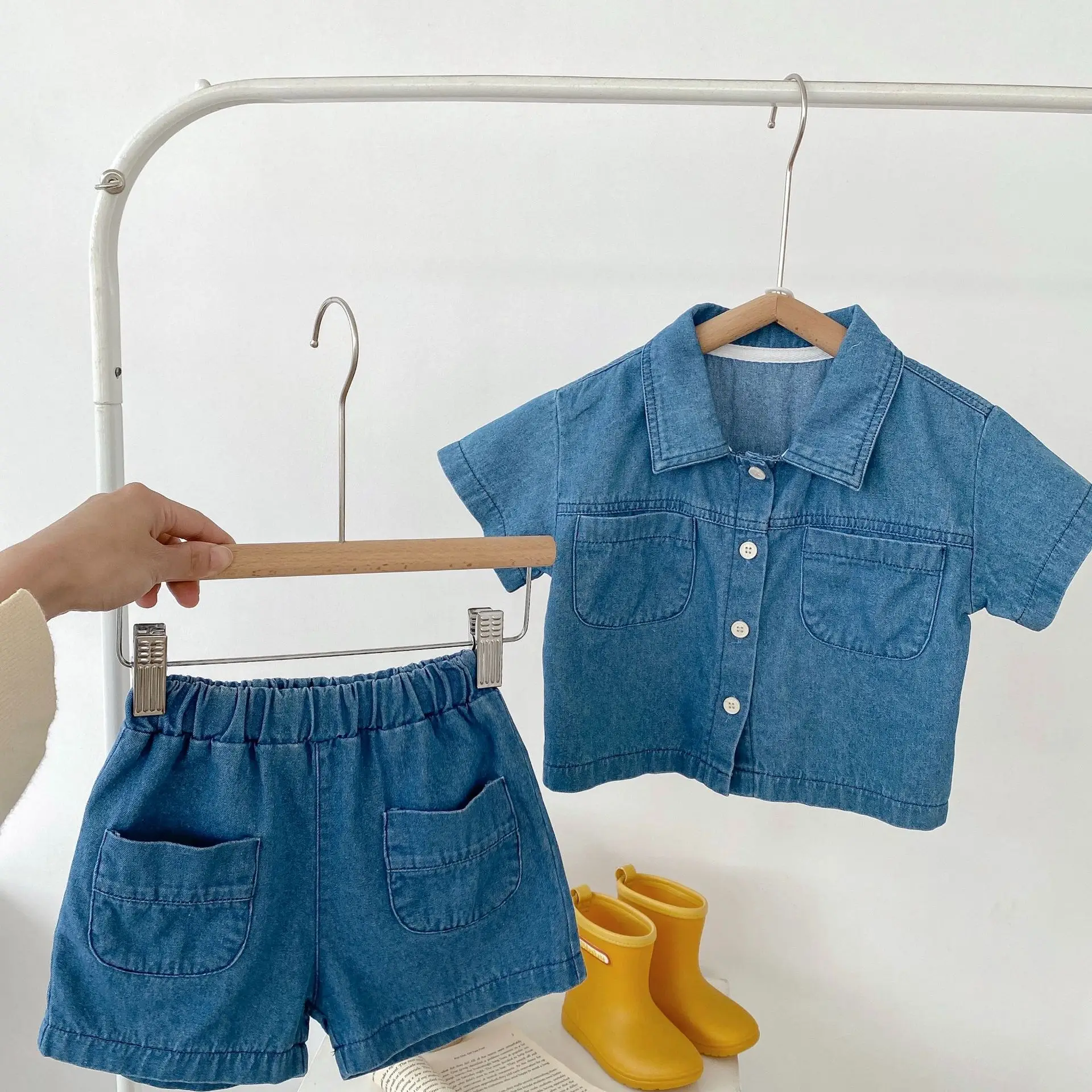 2025 Summer Baby Denim Flap Pants Suit Blue - Image 5