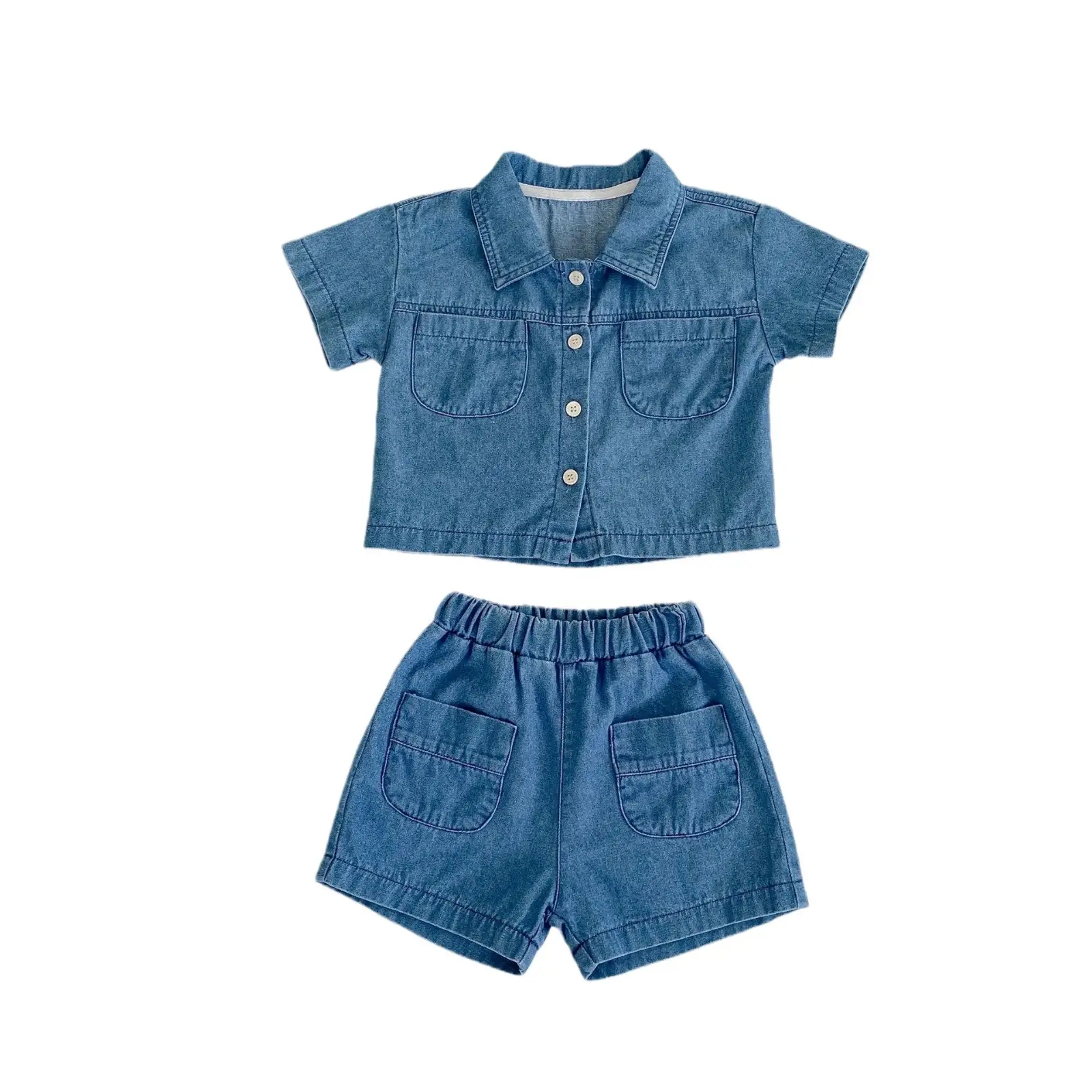2025 Summer Baby Denim Flap Pants Suit Blue - Image 6