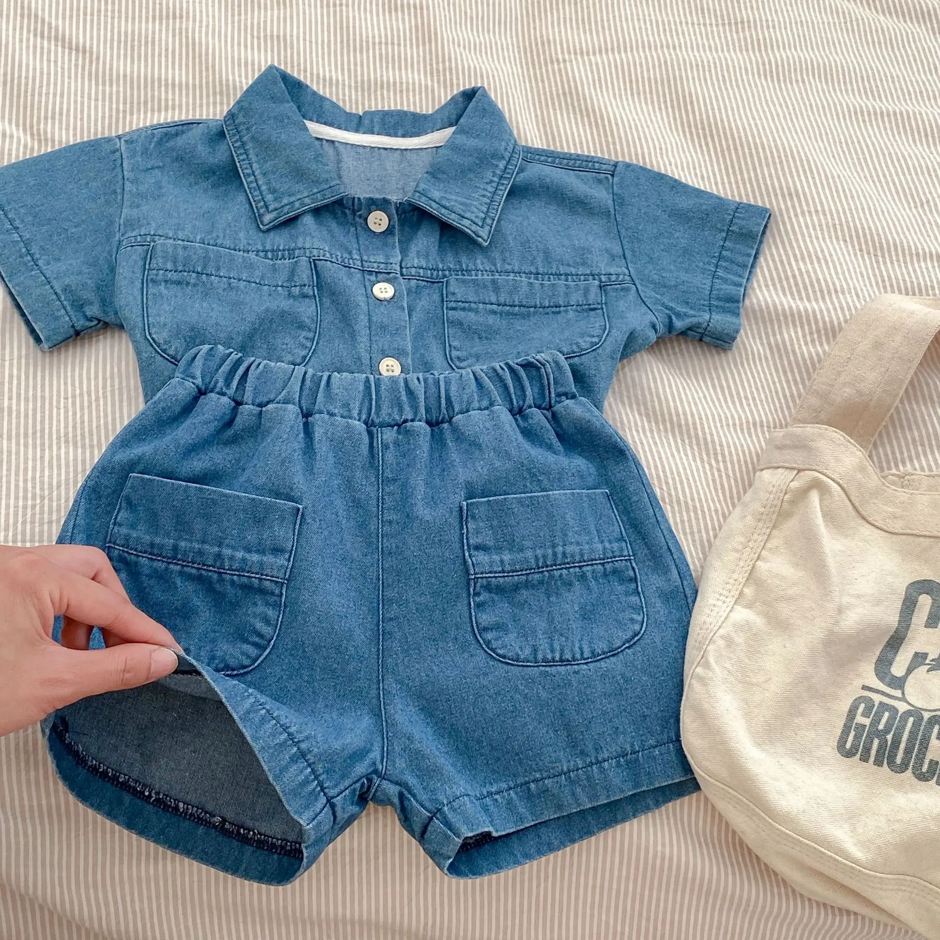 2025 Summer Baby Denim Flap Pants Suit Blue — feature 10