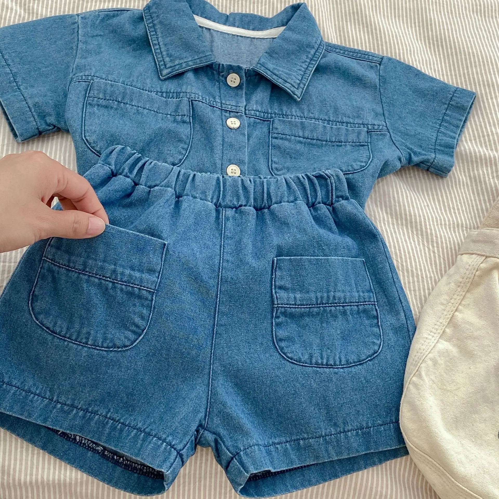 2025 Summer Baby Denim Flap Pants Suit Blue — feature 15