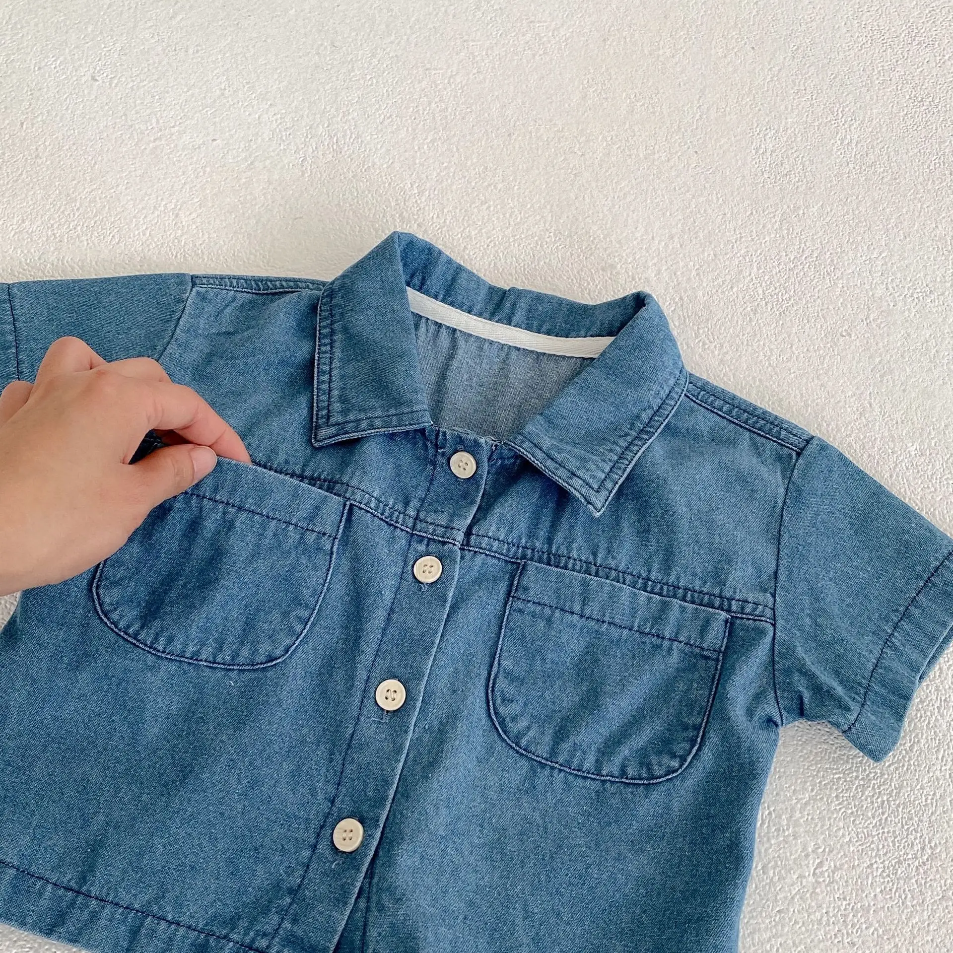 2025 Summer Baby Denim Flap Pants Suit Blue — feature 20