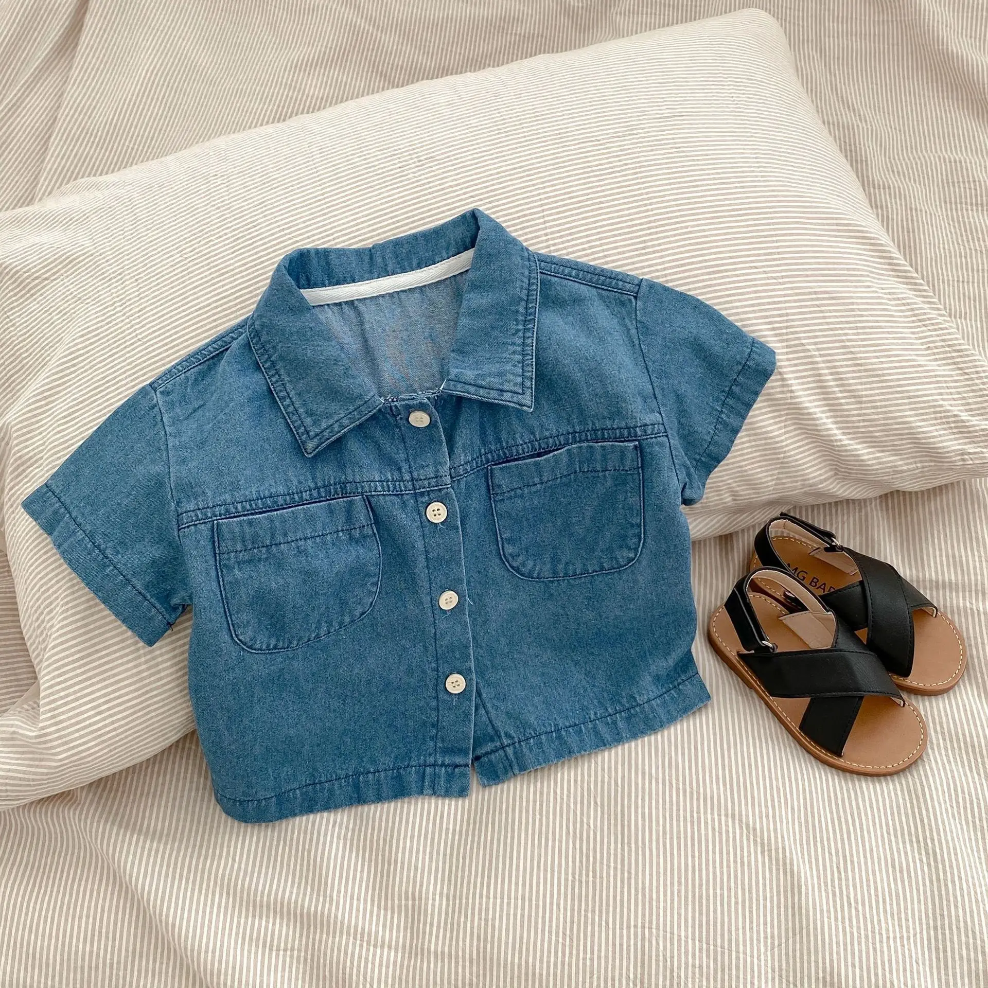 2025 Summer Baby Denim Flap Pants Suit Blue — feature 8