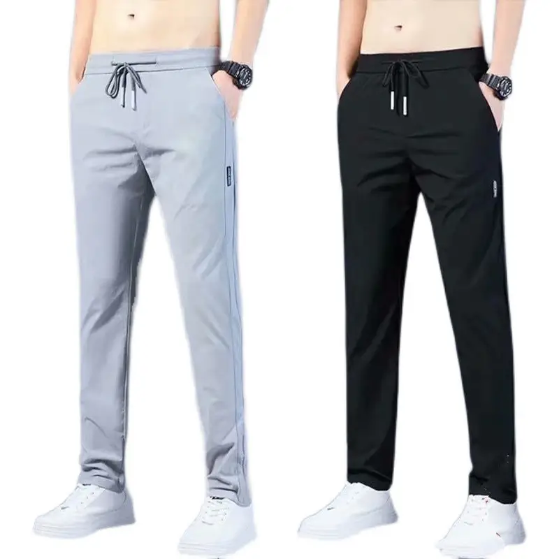 Men's Black Loose Straight Cut Ice Silk Pants - Image 27