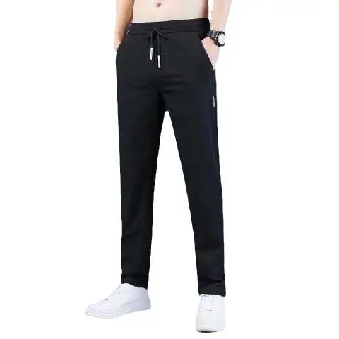 Men's Black Loose Straight Cut Ice Silk Pants - Image 30