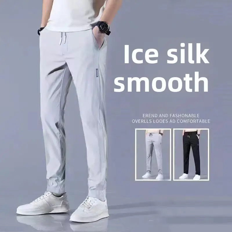 Men's Black Loose Straight Cut Ice Silk Pants - Image 21