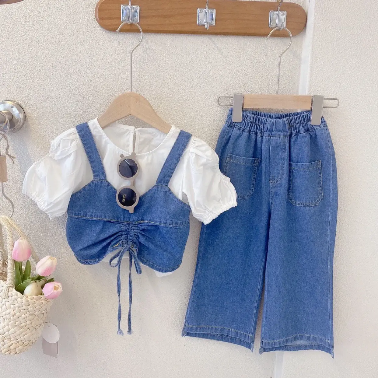 Girls Denim 3-Piece Suit Blue White Puff Sleeves