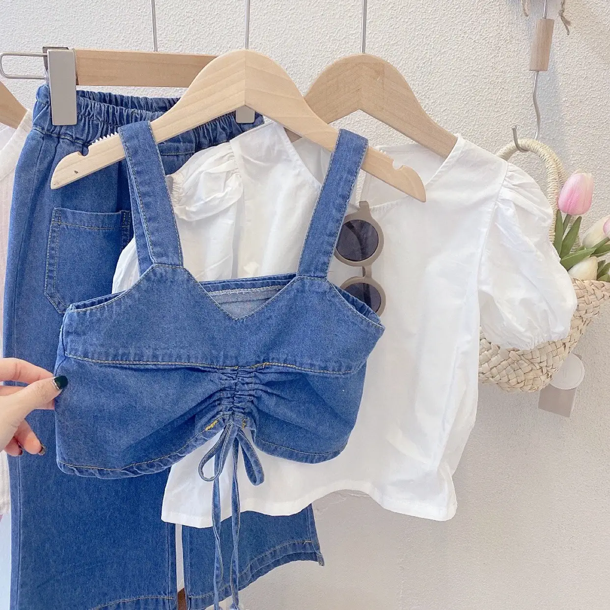 Girls Denim 3-Piece Suit Blue White Puff Sleeves