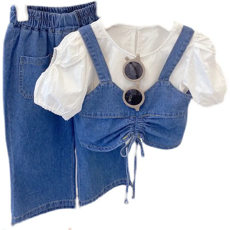 Girls Denim 3-Piece Suit Blue White Puff Sleeves