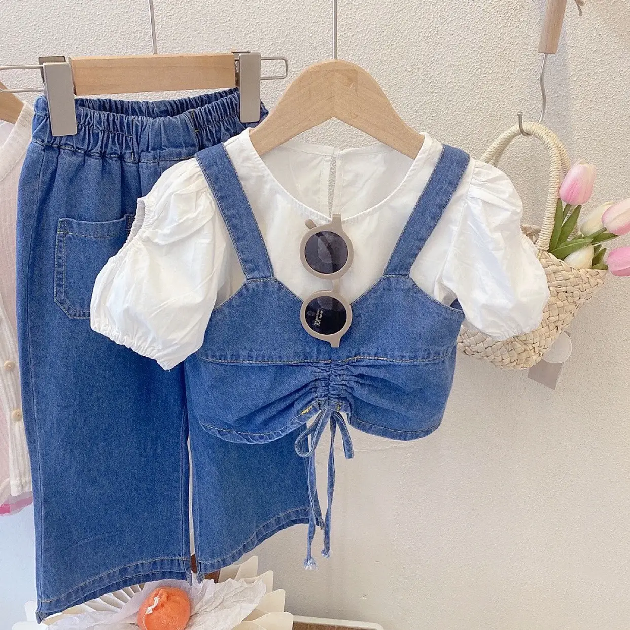 Girls Denim 3-Piece Suit Blue White Puff Sleeves — feature 2
