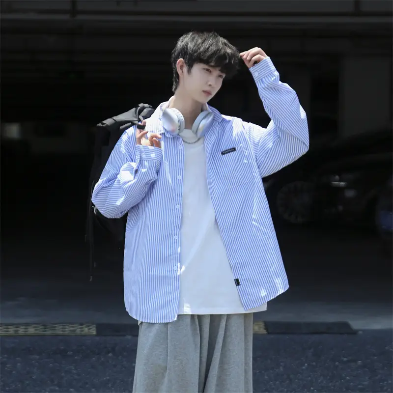 Men Blue White Striped Long Sleeve Shirt Summer Casual Wear - Image 4