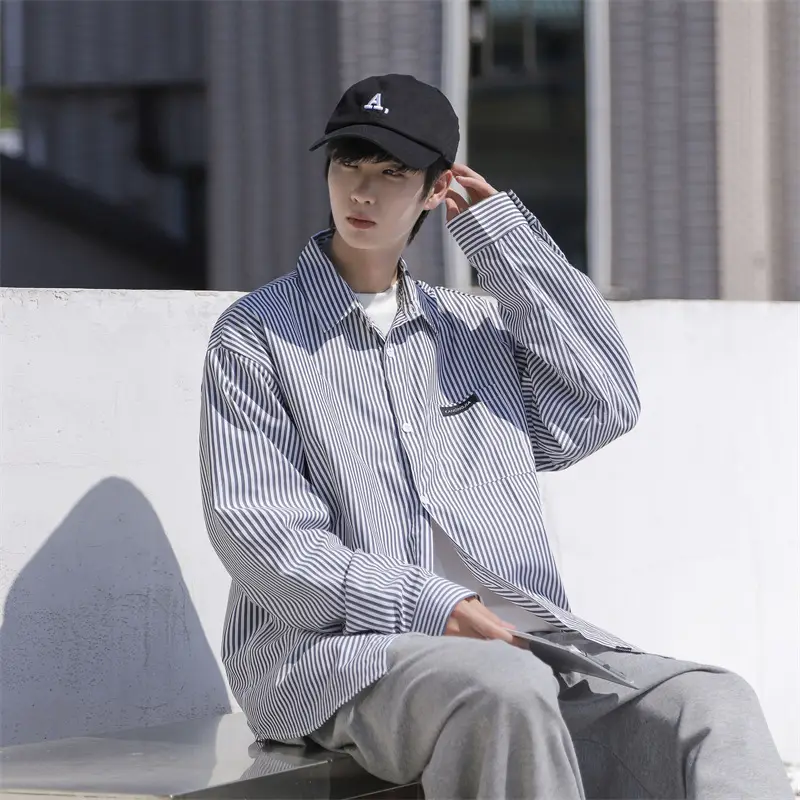 Men Blue White Striped Long Sleeve Shirt Summer Casual Wear - Image 5