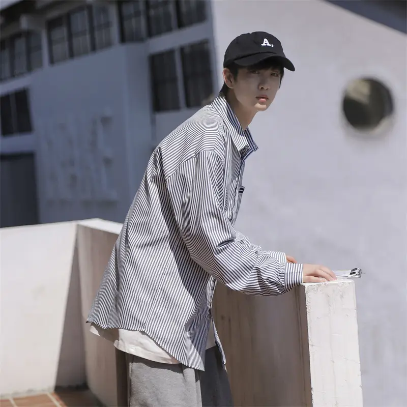 Men Blue White Striped Long Sleeve Shirt Summer Casual Wear - Image 6