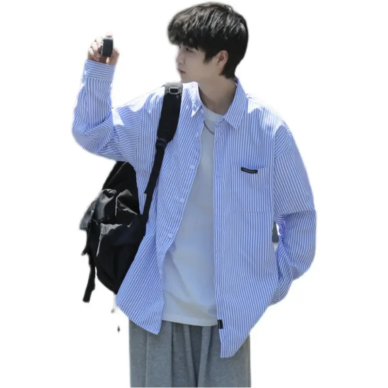 Men Blue White Striped Long Sleeve Shirt Summer Casual Wear - Image 7