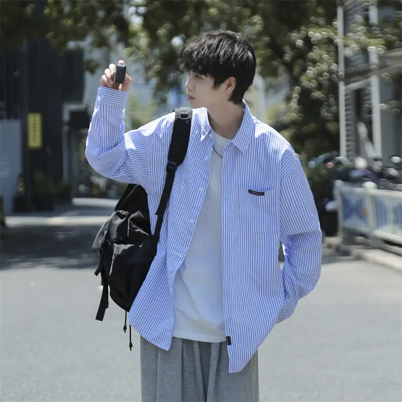 Men Blue White Striped Long Sleeve Shirt Summer Casual Wear — feature 2