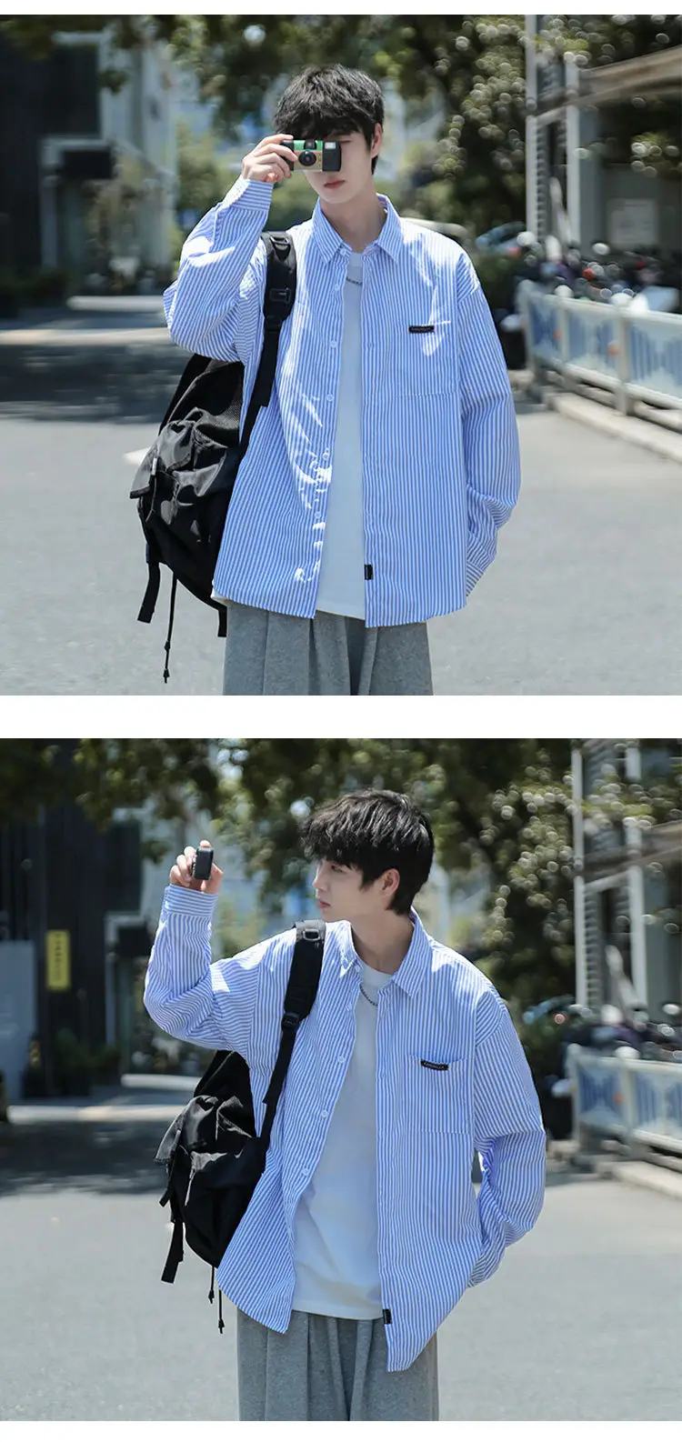 Men Blue White Striped Long Sleeve Shirt Summer Casual Wear — feature 4