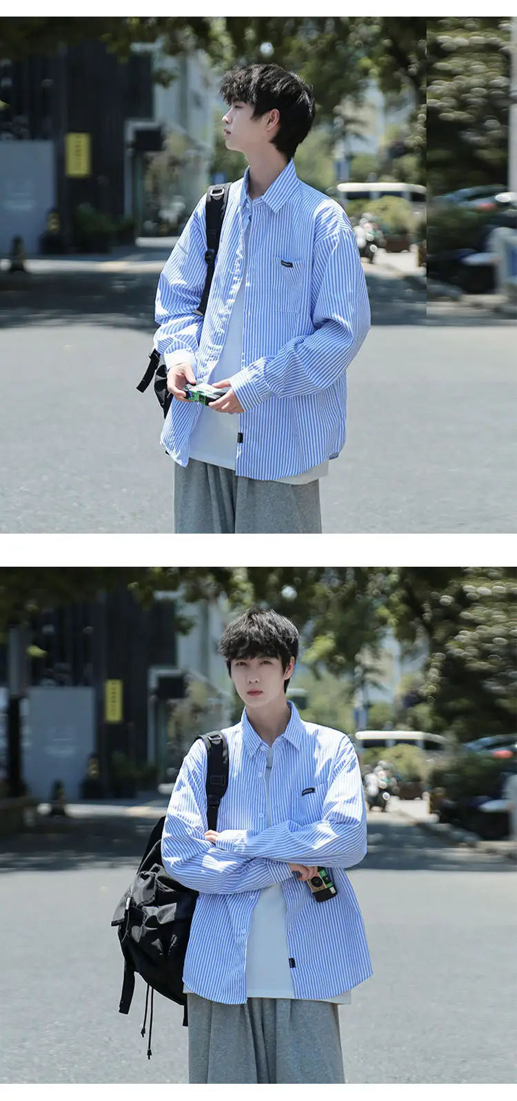 Men Blue White Striped Long Sleeve Shirt Summer Casual Wear — feature 5