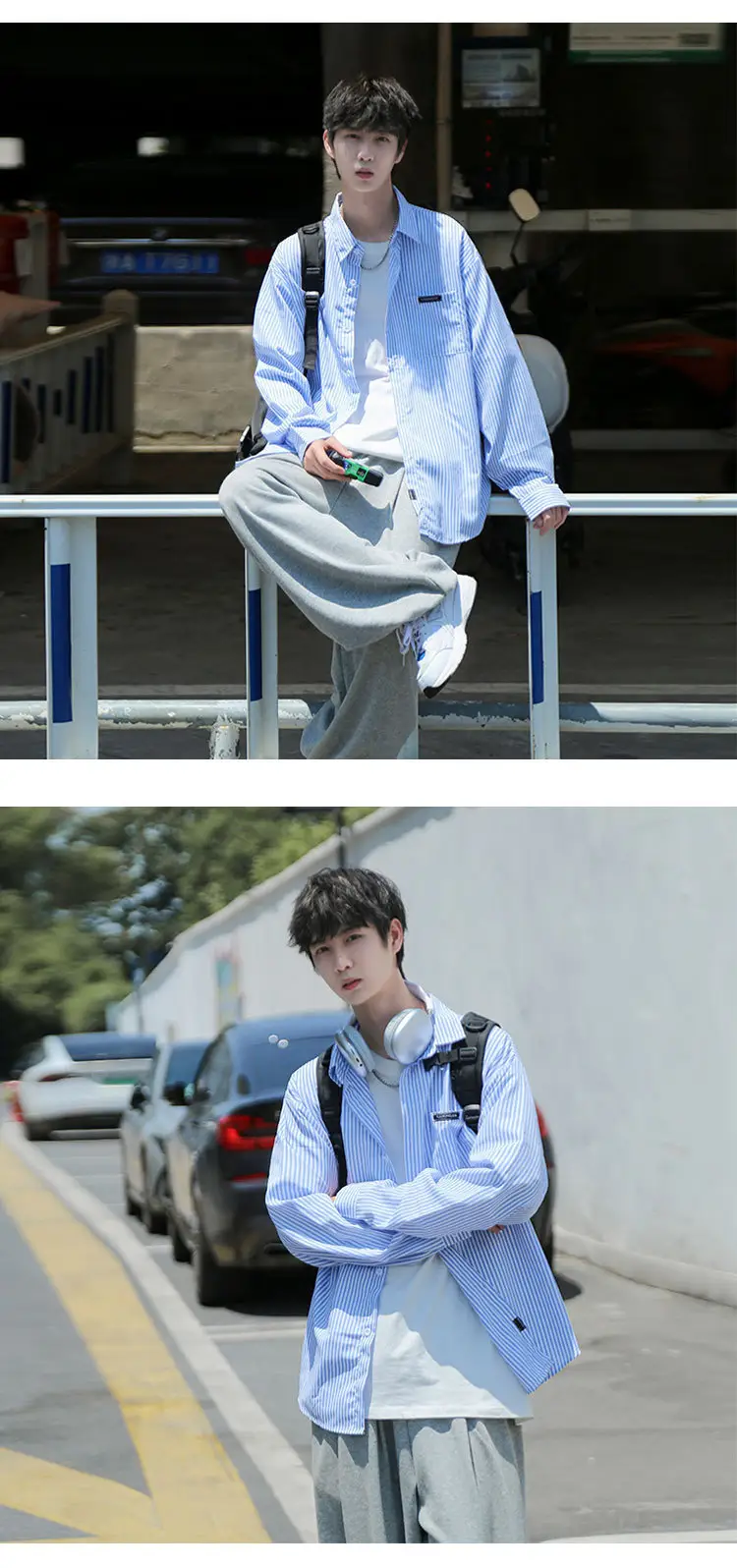 Men Blue White Striped Long Sleeve Shirt Summer Casual Wear — feature 6