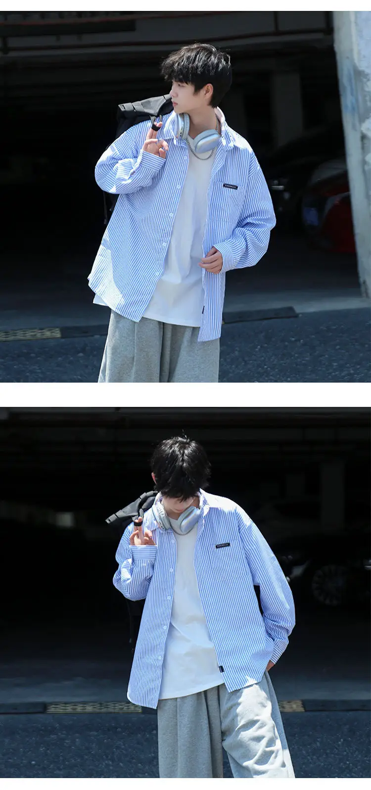 Men Blue White Striped Long Sleeve Shirt Summer Casual Wear — feature 7