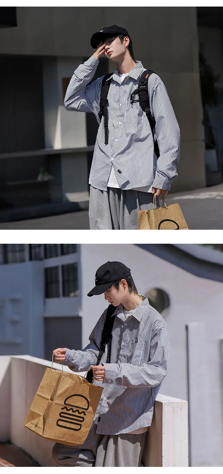 Men Blue White Striped Long Sleeve Shirt Summer Casual Wear — feature 9