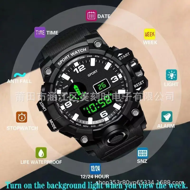 Men's Sport Watch Green LED Digital Display 10:58