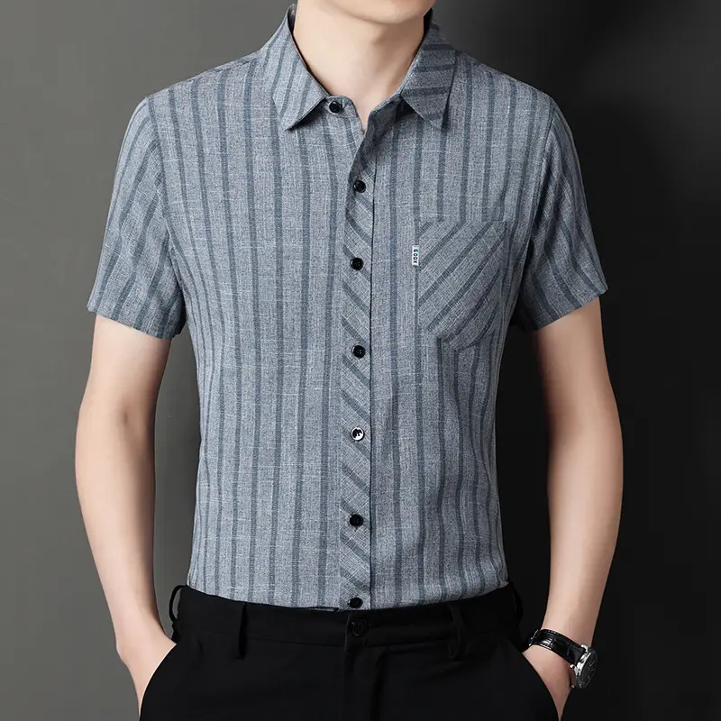 Men Striped Ice Silk Short Sleeve Shirt Grey - Image 3