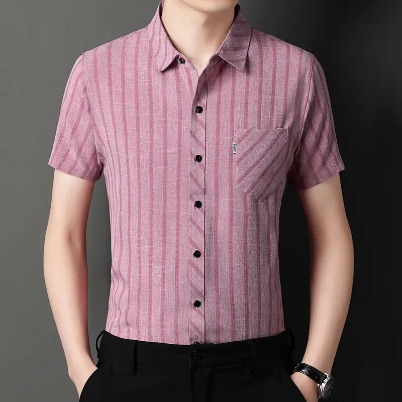 Men Striped Ice Silk Short Sleeve Shirt Grey - Image 6
