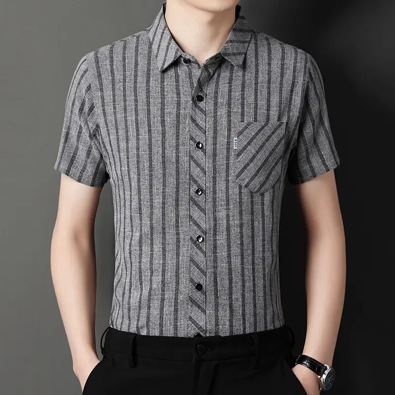 Men Striped Ice Silk Short Sleeve Shirt Grey - Image 7