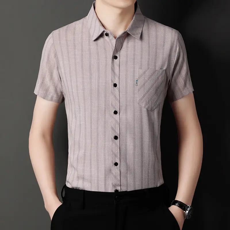 Men Striped Ice Silk Short Sleeve Shirt Grey - Image 2