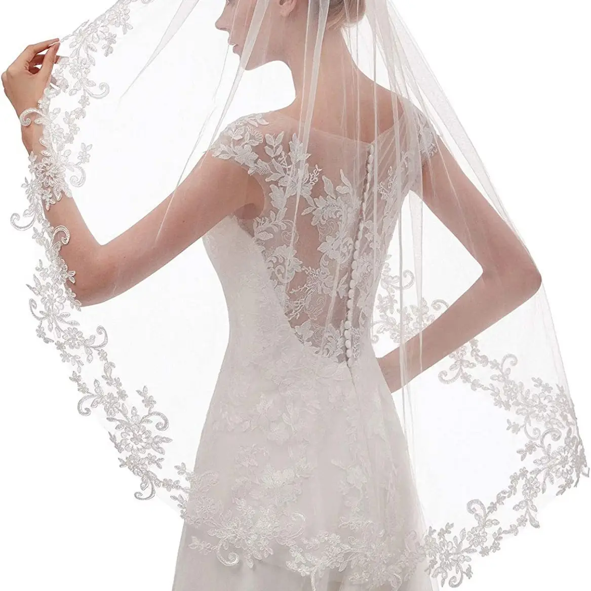 European Wedding Veil with Lace Applique Single Layer - Image 2